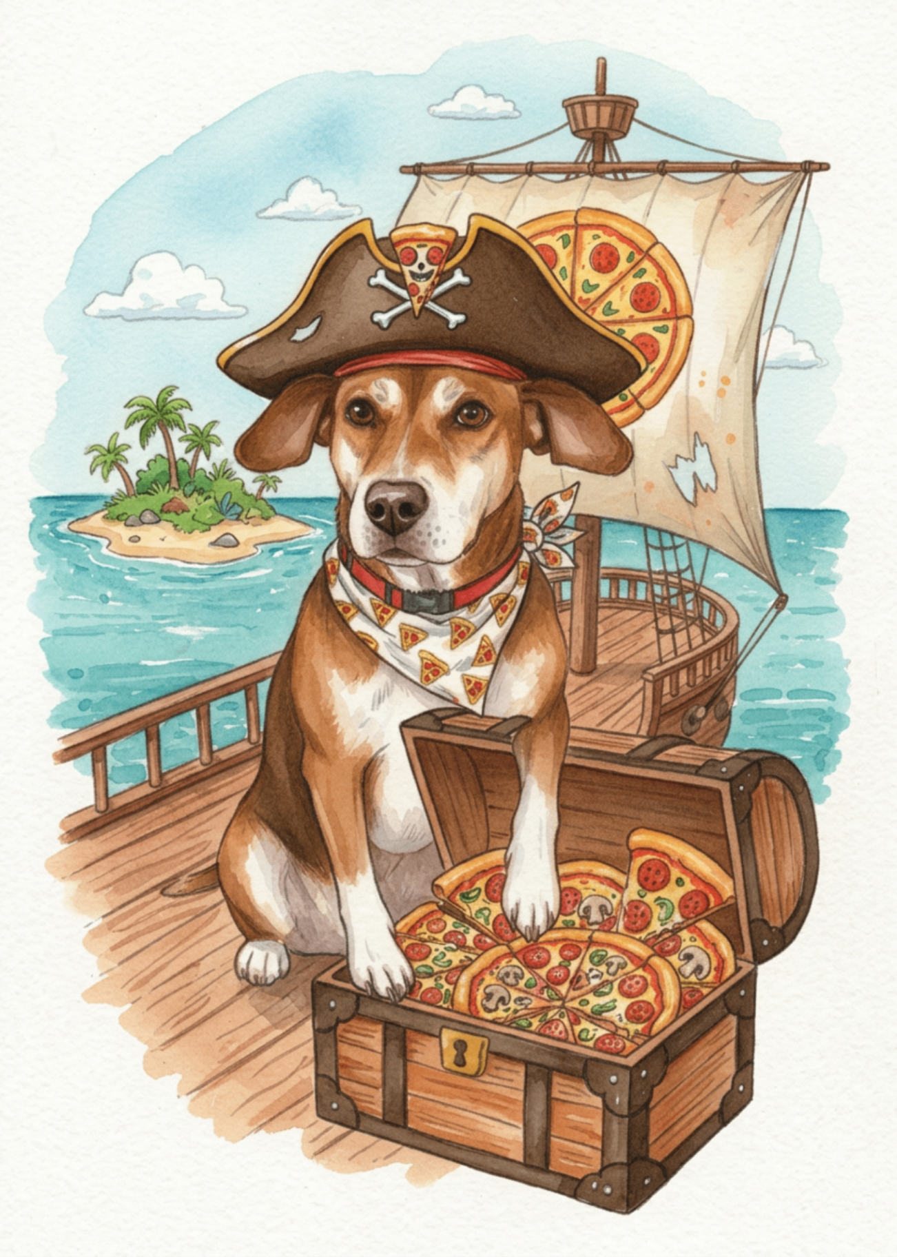 The Pizza Pirate — pet portrait as Captain of the Cheese Seas