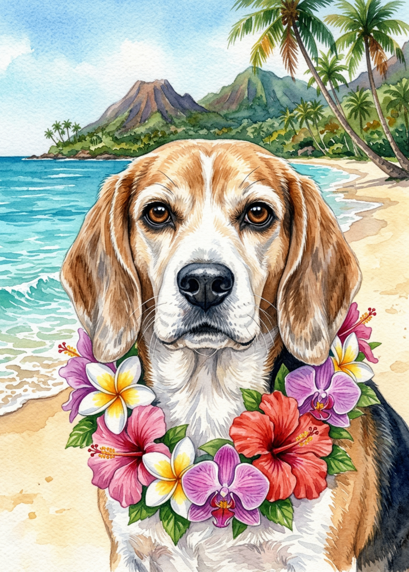 The Island Hound — pet portrait as Aloha Wanderer
