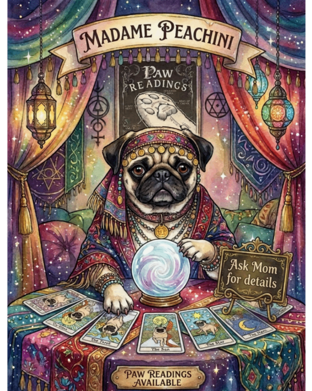 Madame Peachini — pet portrait as Mystic Paw Reader