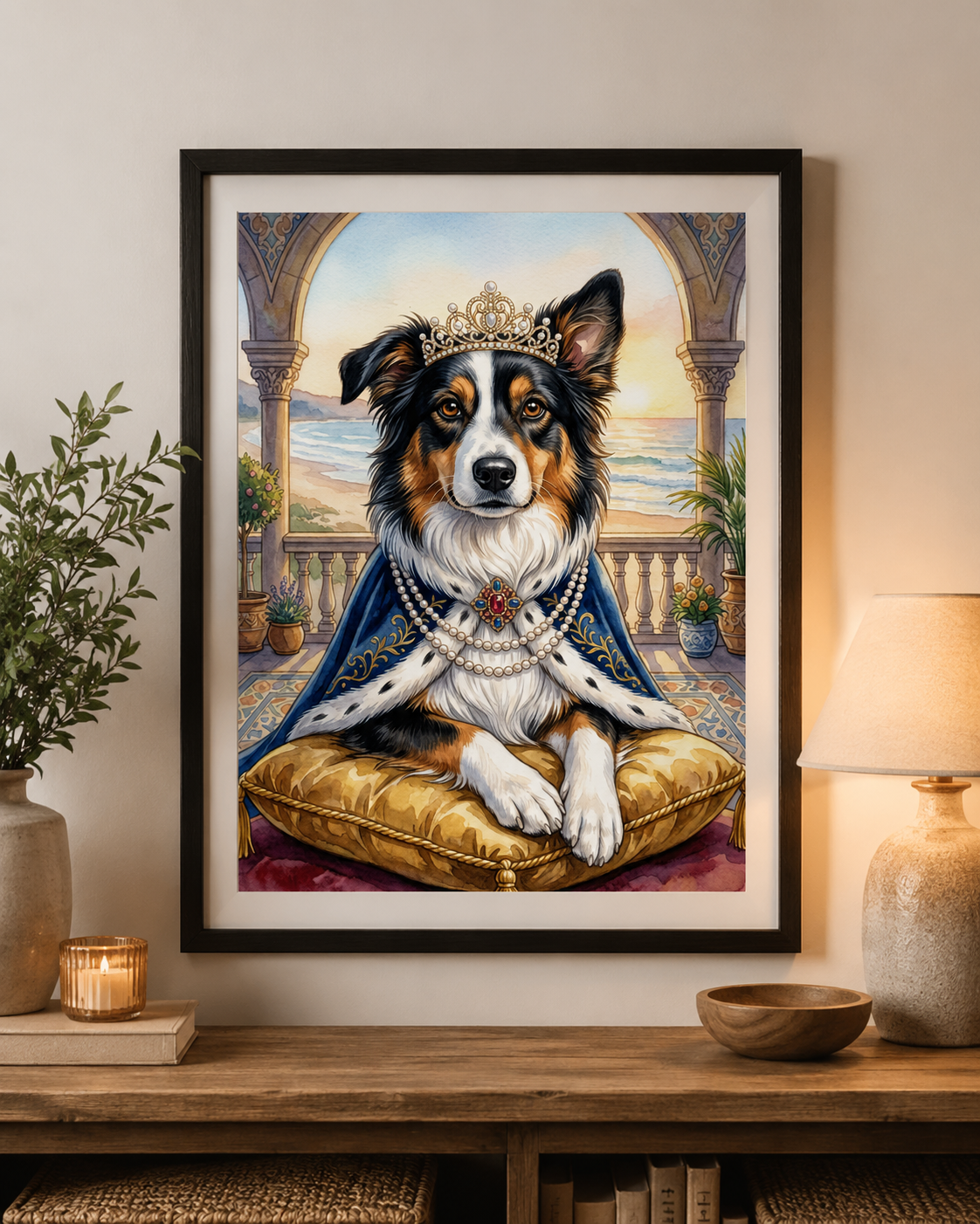 Ornate gilded frame with a regal pet portrait hanging in a sunlit gallery