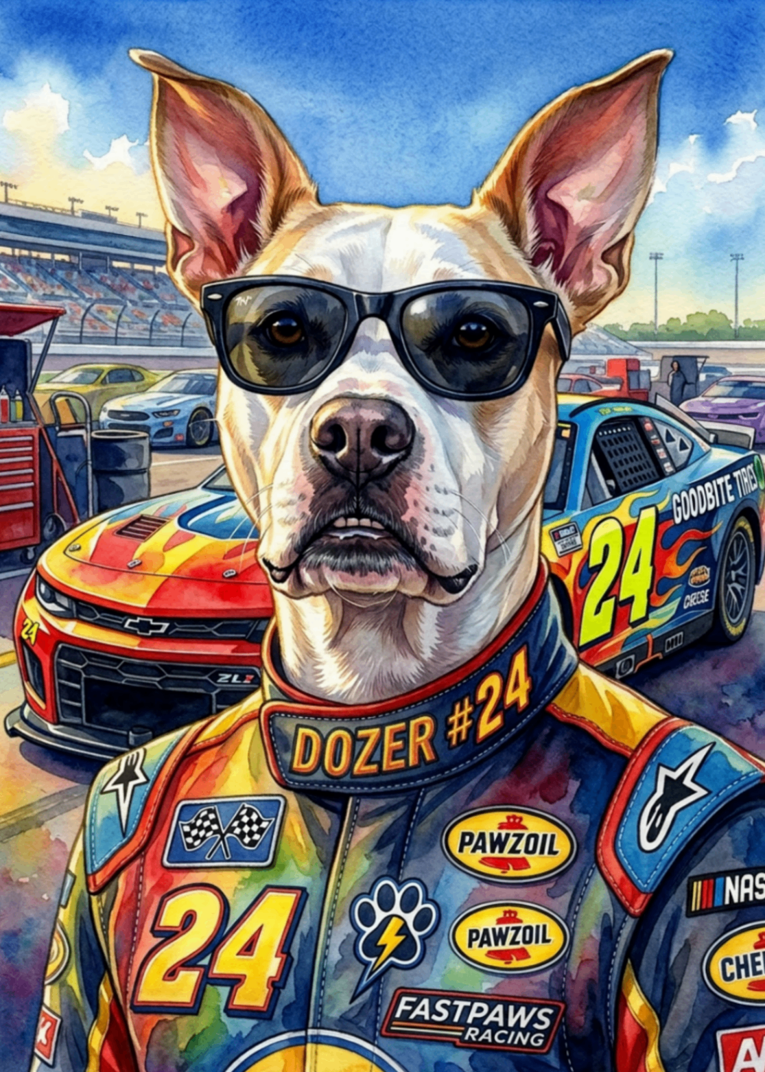 The Racer — custom pet portrait as Pit-Row Legend