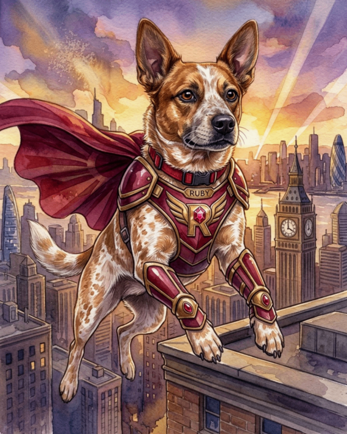 Ruby Rises — pet portrait as Skyline Guardian