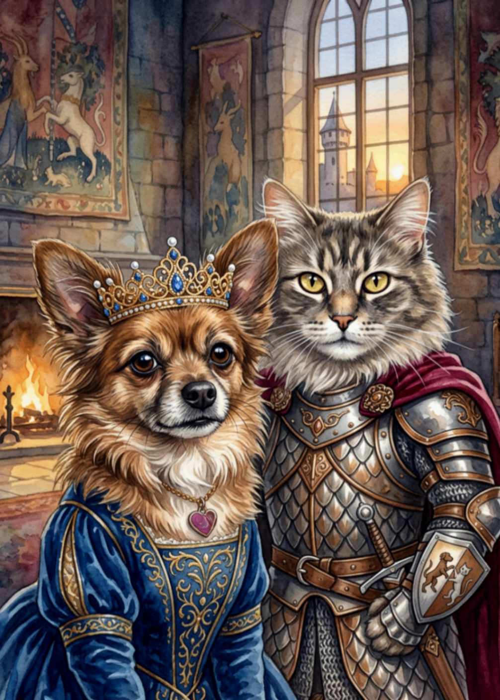 Princess & Knight — pet portrait as Cross-Species Duo