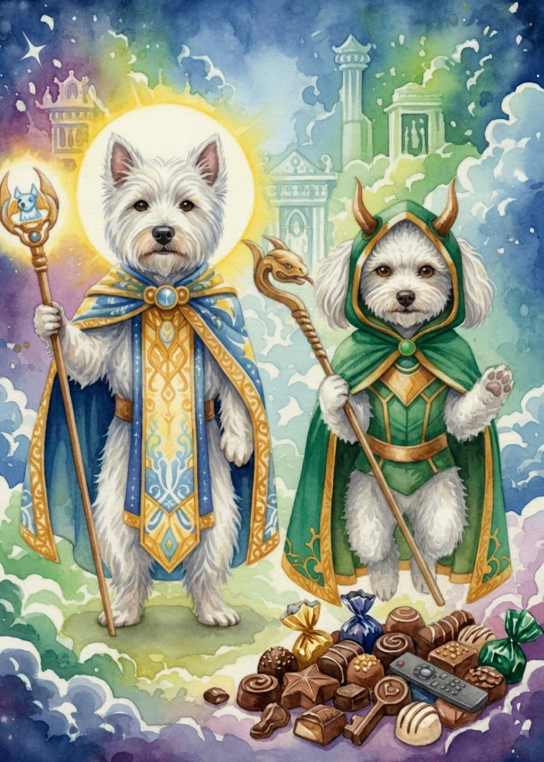 Wizard & Warden — pet portrait as Fantasy Duo