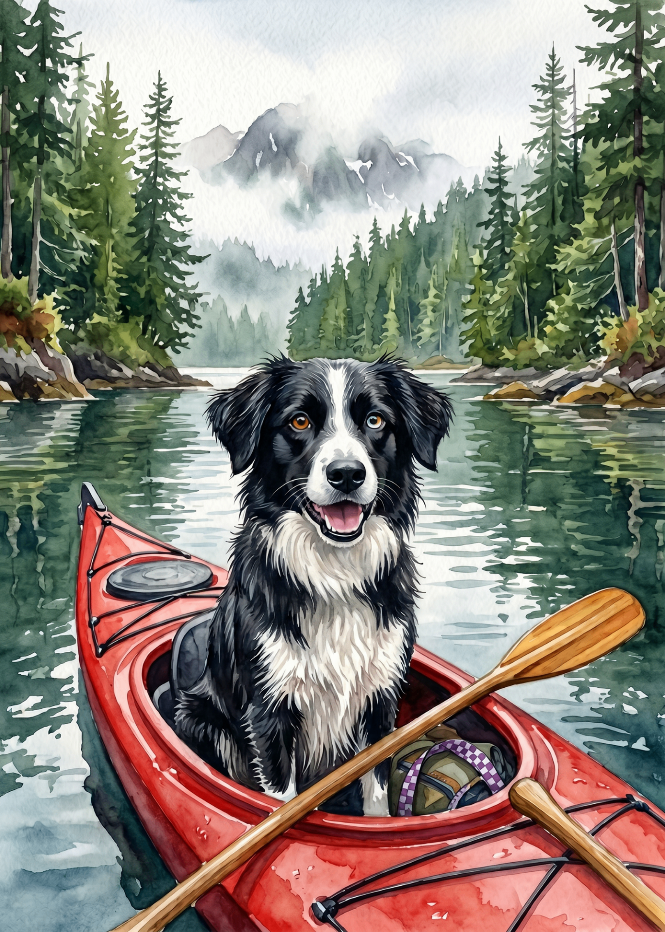 Border collie kayaking on a misty Pacific Northwest lake surrounded by evergreens and mountains