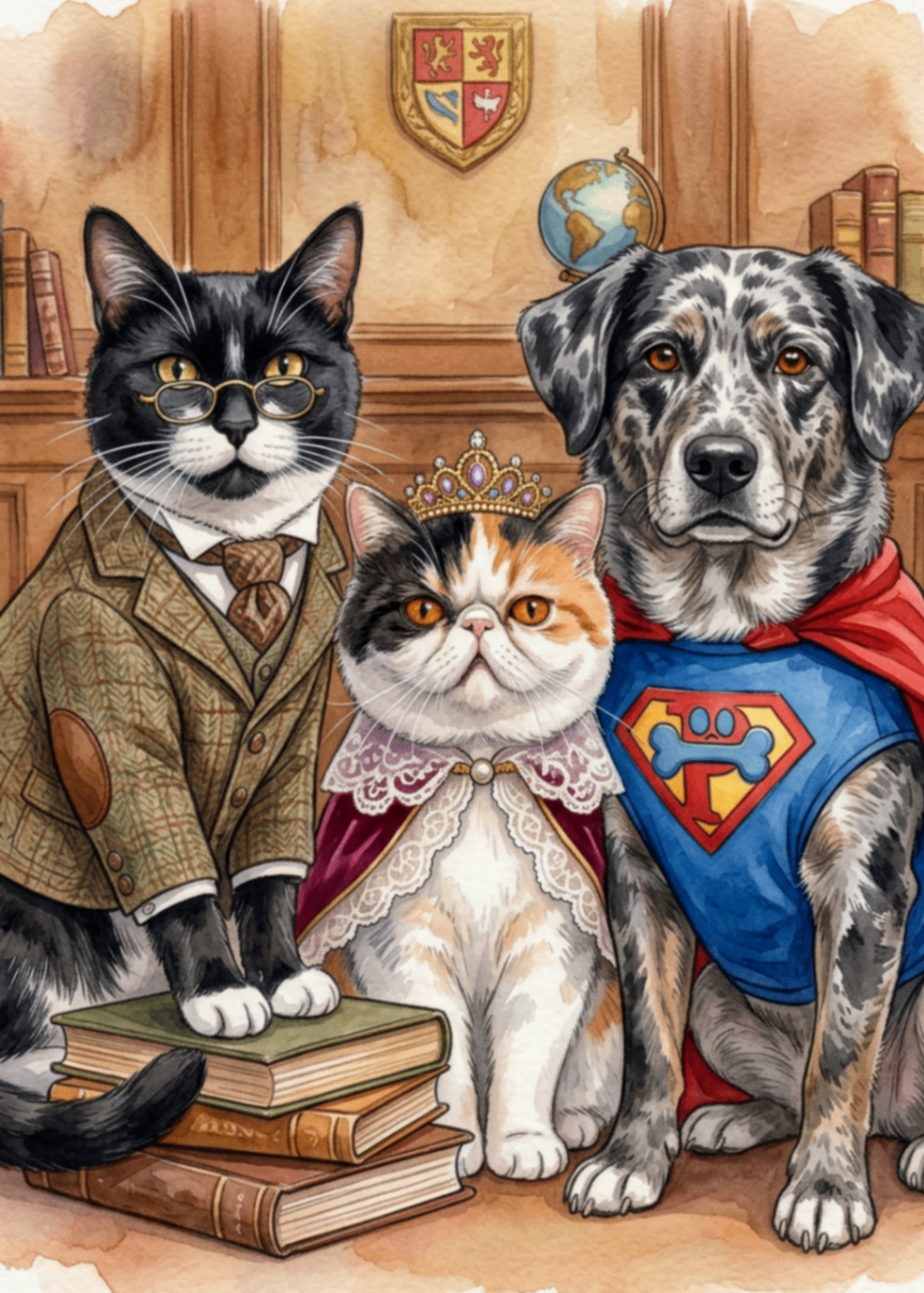 The Household Legends — pet portrait as Scholar, Queen & Hero