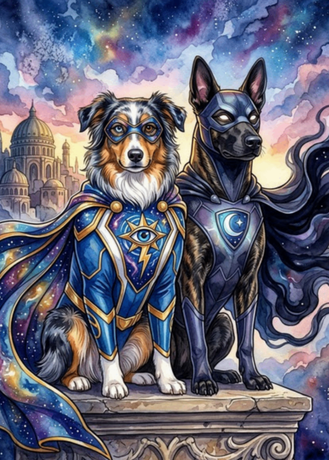 Capes & Shadows — pet portrait as Cosmic Duo