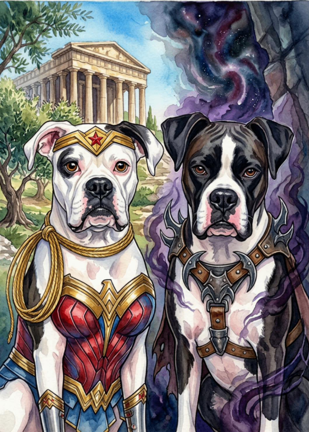 Hero & Shadow — pet portrait as Superhero Duo