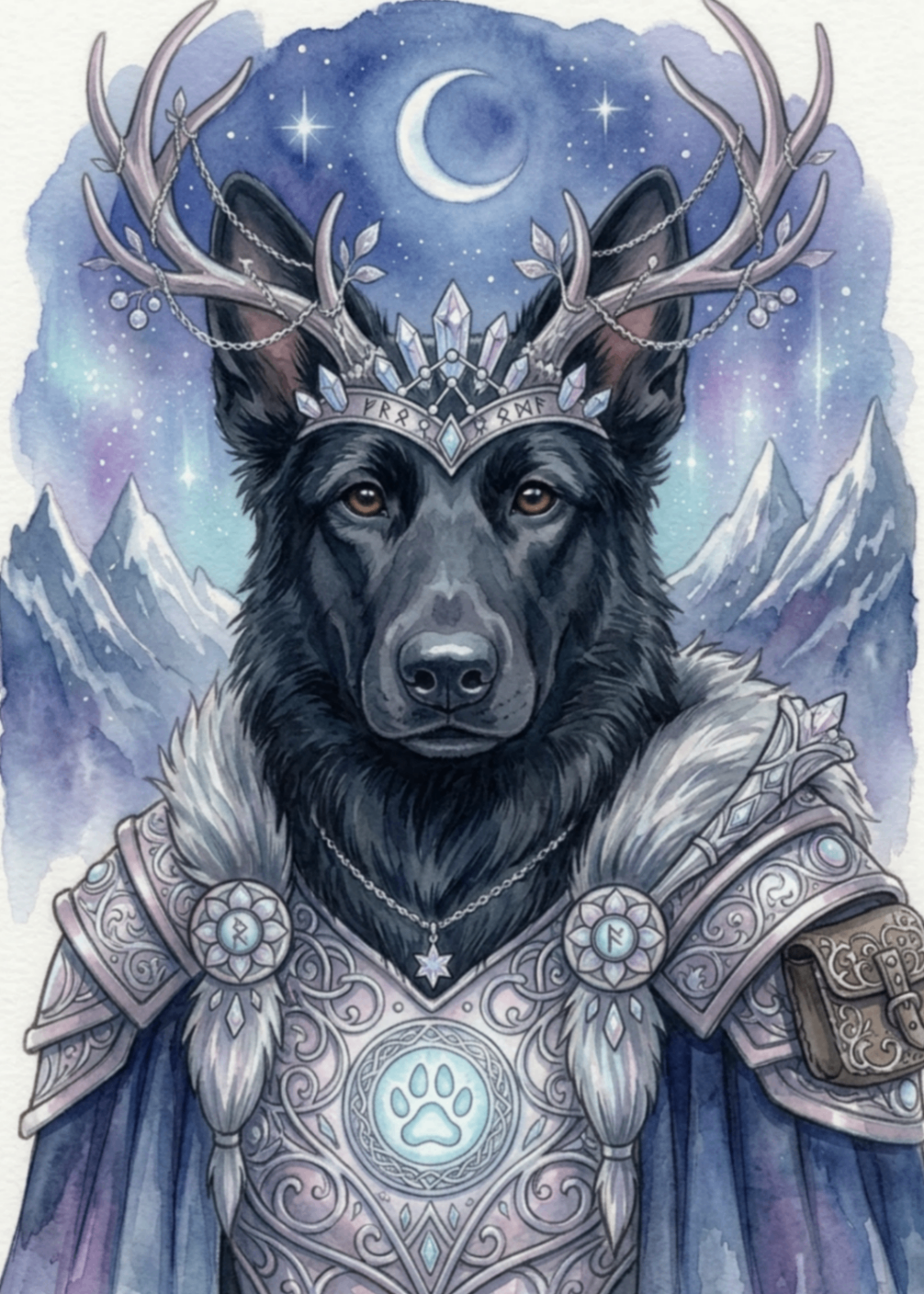 The Antlered King — pet portrait as Rune-Crowned Guardian