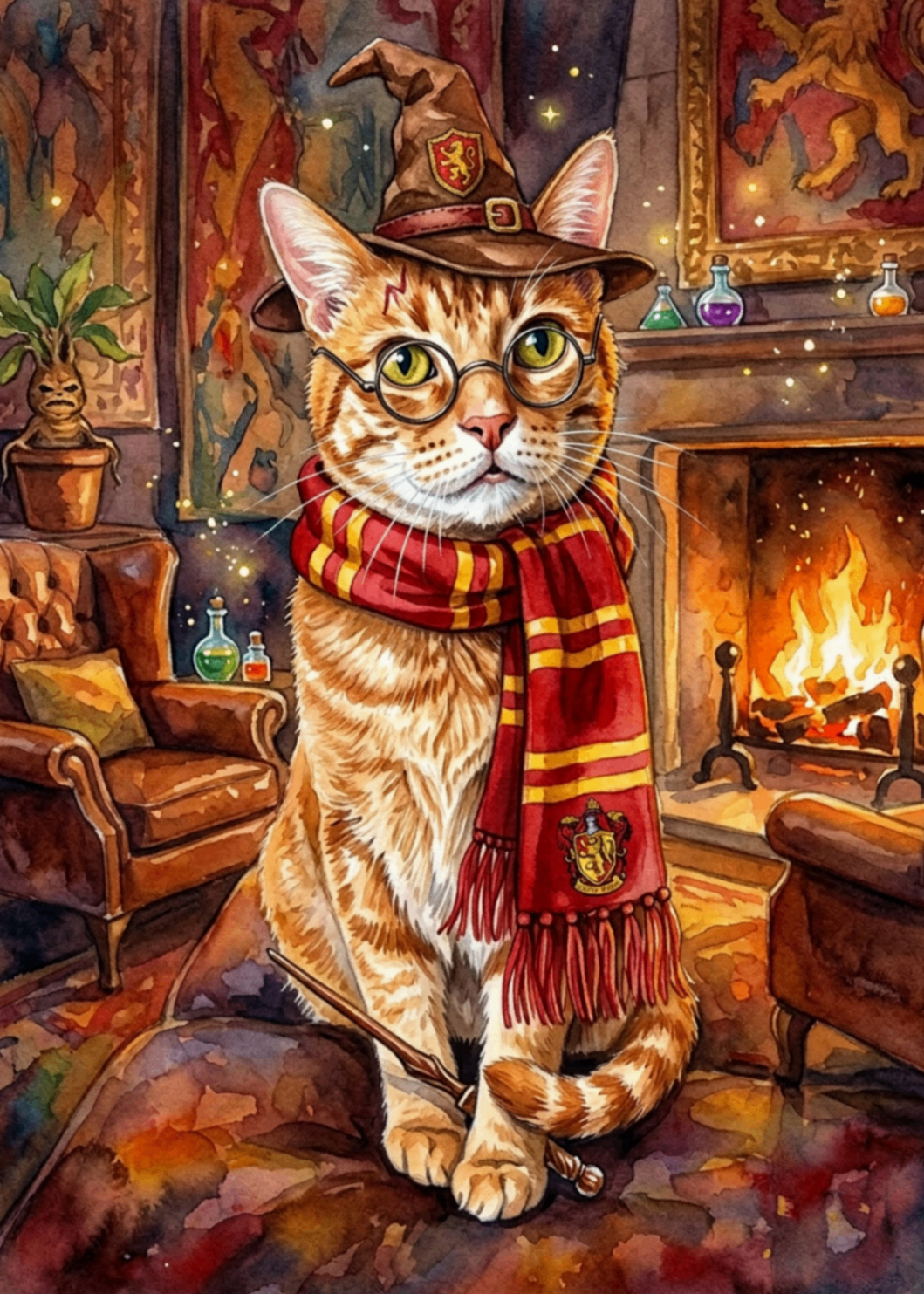 Wizard apprentice cat portrait by the fireside