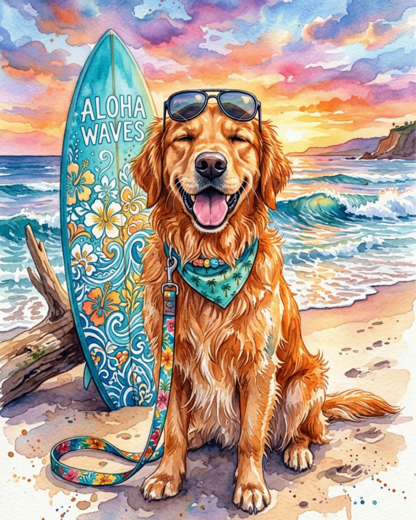 Aloha Waves — pet portrait as Sunset Surf Pup