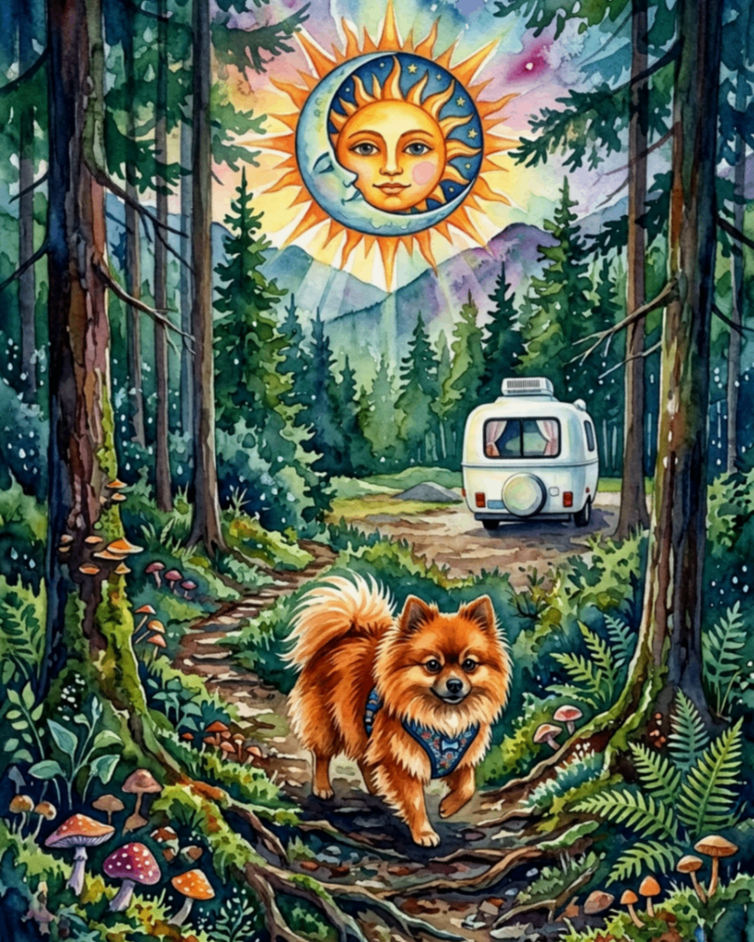 The Campsite Scout — pet portrait as Forest Explorer