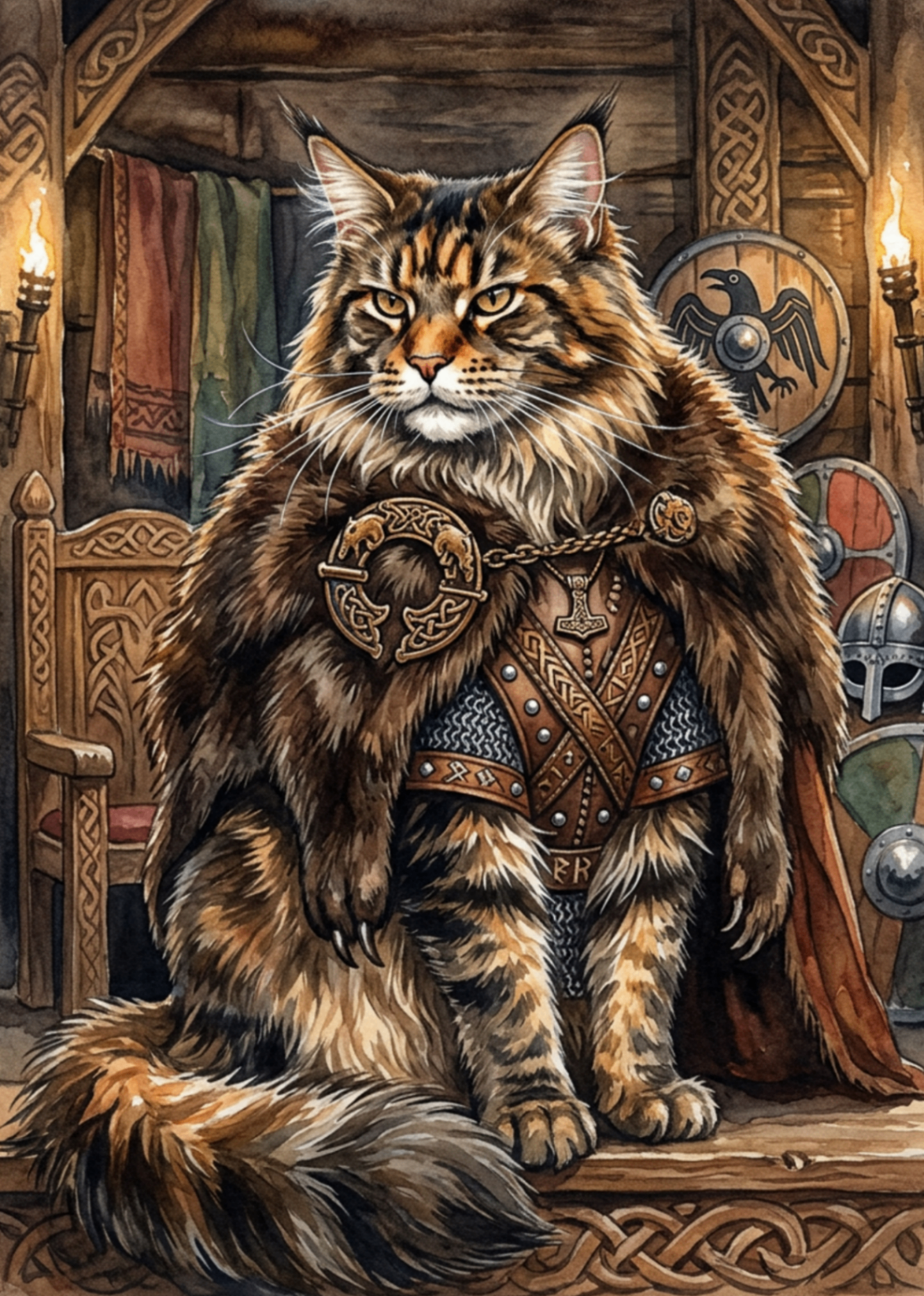 Viking cat portrait in a torchlit hall