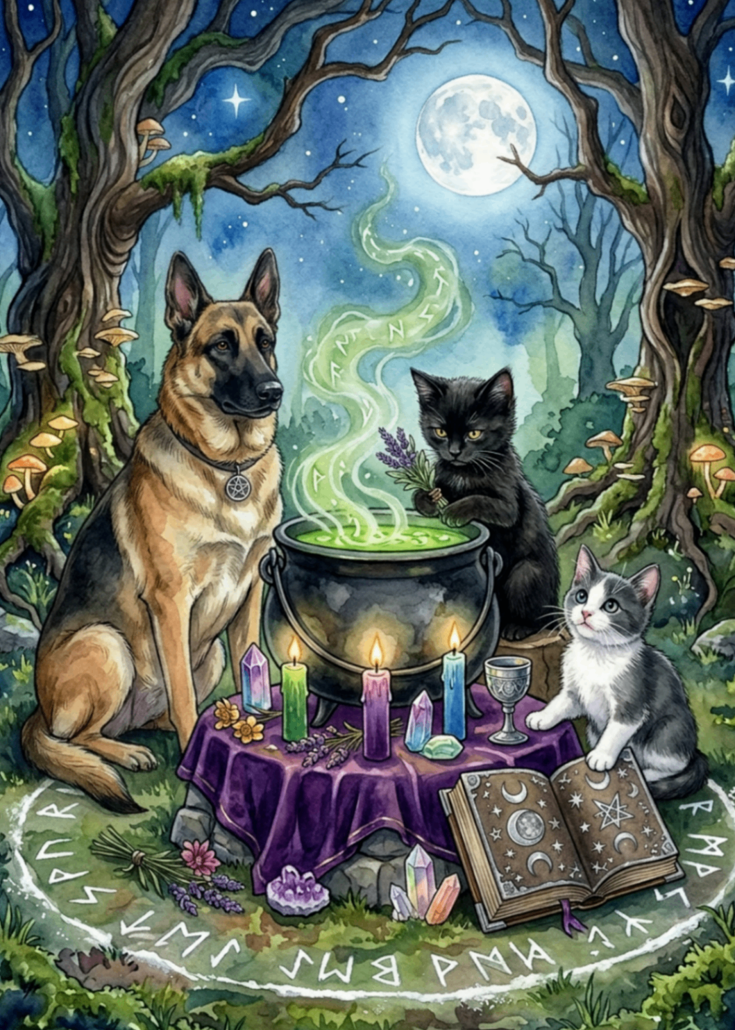 The Coven — pet portrait as Familiars by Moonlight